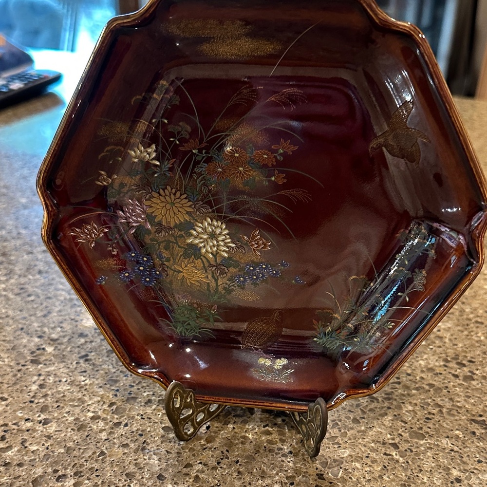 Decorative Hexagonal Floral Plate in Deep Burgundy with Gold Accents